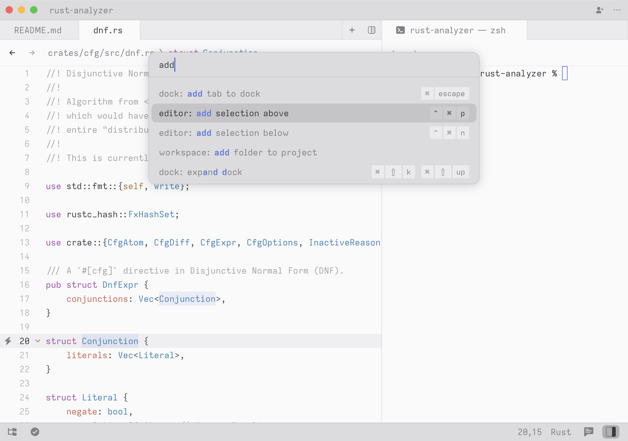 The Zed Command palette, a modal palette use to navigate the editor's commands using text input.